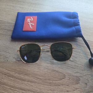 Ray-Ban Gold Frame Sunglasses with Green Lenses and Blue Pouch
